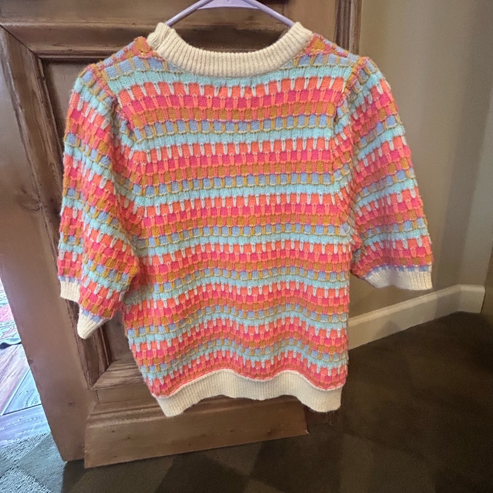 BiBi Multicolor Short-Sleeve Crew Sweater with Cream Trim